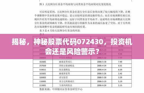 揭秘，神秘股票代码072430，投资机会还是风险警示？